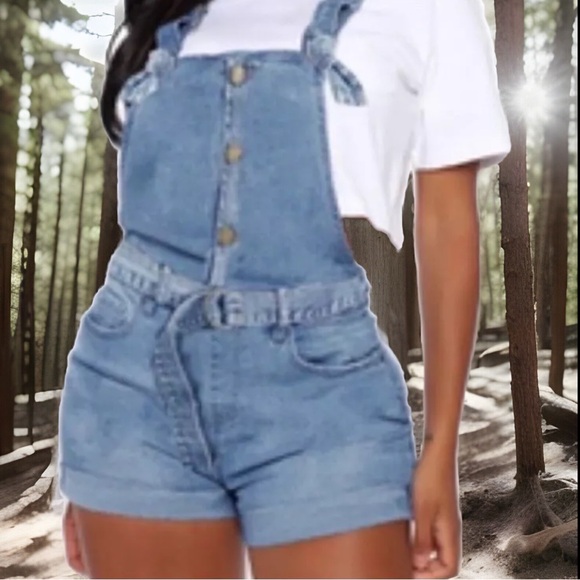 Vintage 90’s Stone Wash Style Button Bandage Design High Waist Overalls shorts - Picture 6 of 16